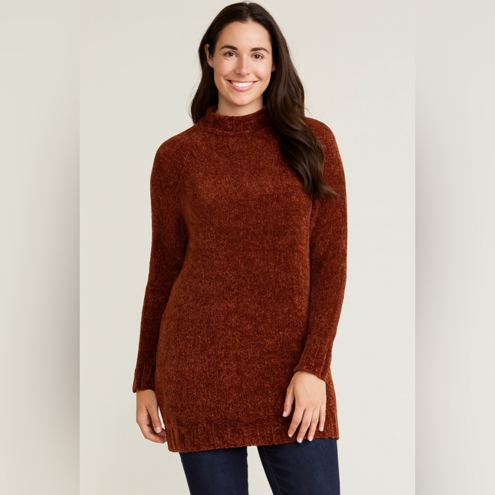 August Silk Women’s Brown Chenille Tunic Mock Neck Knit Sweater size L Missy